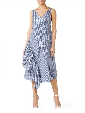ADEAM~Moga~Navy and White Gingham Asymmetric Midi Dress~Size 4~$1,075~